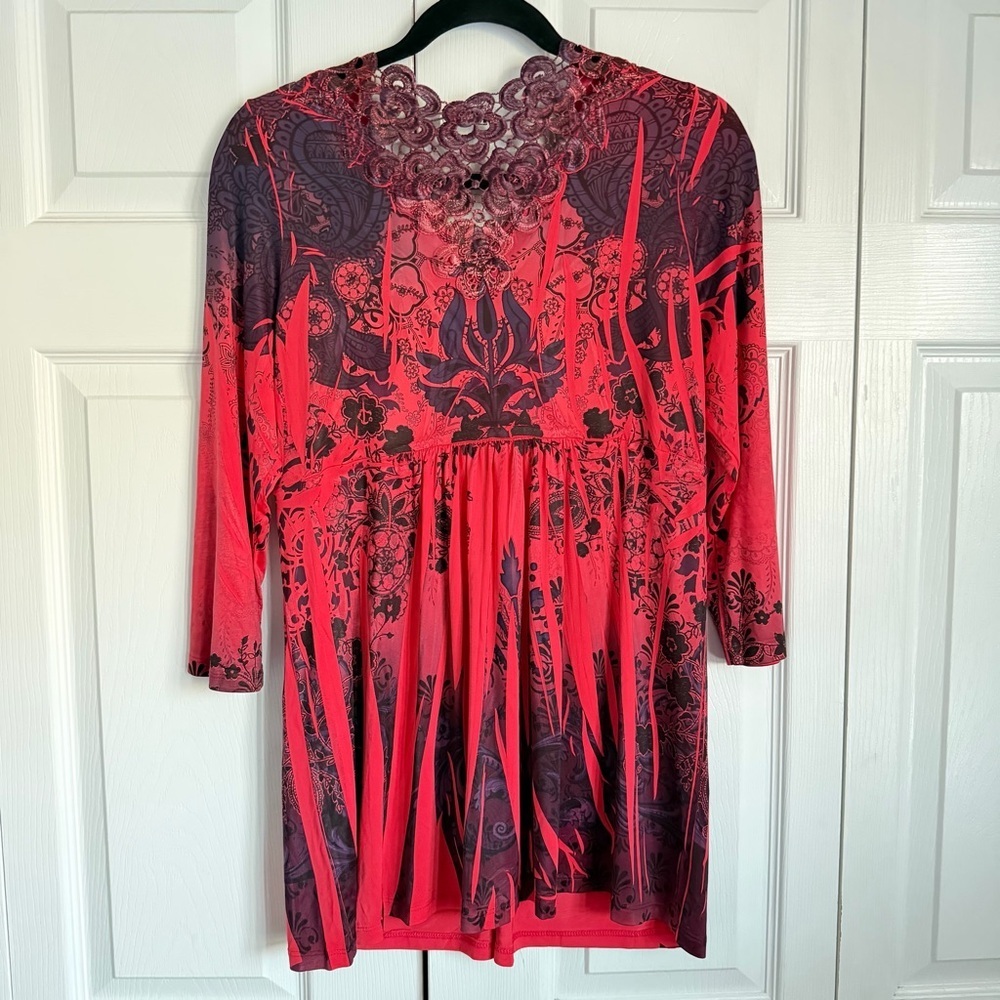 One World Tunic Top Womens Large Floral Crochet Rhinestone Boho V Neck Festival - Picture 2 of 12